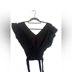 Lyaner Women’s Black Ruffle Sleeve Smocked Waist Crop Top (Amazon Brand) Size‎ S